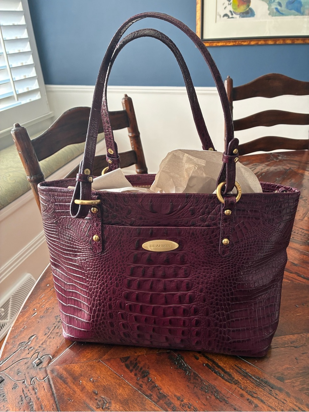 Brahmin Melbourne Deep Plum Croc-Embossed Leather Tote / Satchel